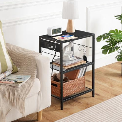 HOOBRO Industrial Printer Stand, 3-Tier Mobile Printer Table, Rolling Cart with Power Outlets and USB Ports, Home Printer Stand with 2 Hooks, for Office, Living Room, Black BB22UPS01 - color: Black