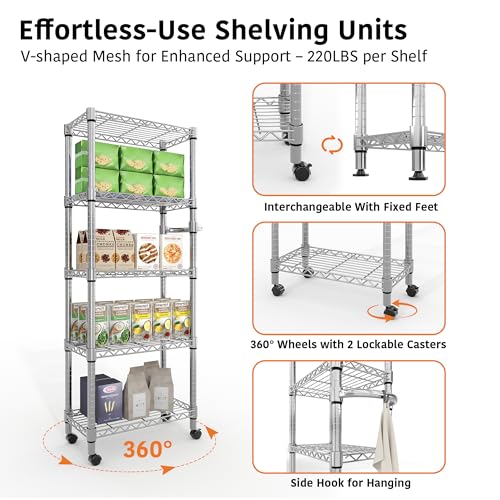 Garvee 5-Tier Storage Shelves Heavy Duty Metal Wire Rack Shelving, 1100 LBS Capacity Rolling Storage Rack with Wheels, for Living Room Pantry Kitchen Bedroom Organization - size: 61"H x 23.6"W x 11.8"D