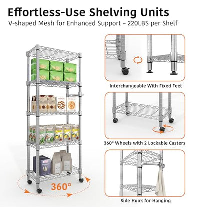 Garvee 5-Tier Storage Shelves Heavy Duty Metal Wire Rack Shelving, 1100 LBS Capacity Rolling Storage Rack with Wheels, for Living Room Pantry Kitchen Bedroom Organization - size: 61"H x 23.6"W x 11.8"D