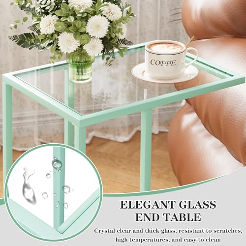 Easy Paws C Shaped Table,Glass Side End Table for Sofa,Tempered Glass Snack Couch Dinner Tv Tray Table with Metal Frame,Small Bedside Nightstand Table for Small Space(Green) - color: Green
