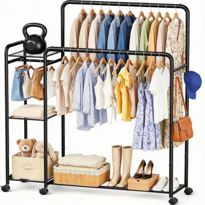Heavy Duty Clothes Rack with Wheels, Double Rod Clothing Rack with Storage Shelves & Hooks, Rolling Garment Rack and Portable Closet Organizer for Bedroom, Laundry Room, Apartment