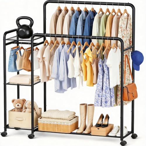 Heavy Duty Clothes Rack with Wheels, Double Rod Clothing Rack with Storage Shelves & Hooks, Rolling Garment Rack and Portable Closet Organizer for Bedroom, Laundry Room, Apartment