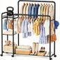 Heavy Duty Clothes Rack with Wheels, Double Rod Clothing Rack with Storage Shelves & Hooks, Rolling Garment Rack and Portable Closet Organizer for Bedroom, Laundry Room, Apartment