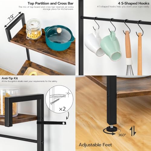 HOOBRO Bakers Rack with Power Outlet, 35.4 Inches Coffee Bar with Mesh Basket, Microwave Stand with 4 S-Shaped Hooks, Kitchen Bakers Rack with Storage, Easy to Assemble, Rustic Brown BF05HB01 - color: Rustic Brown + Black