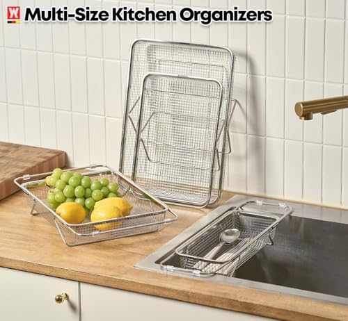 WAGENSTEIGER Extendable Dish Rack with Feet, Vegetable Colander Basket, Stainless Steel Dish or Silverware Drying Rack, Ultimate Kitchen Organizer Over the Sink (14.76 x 10.63 x 3.15 Inches) - size: 14.76 x 10.63 x 3.15 Inches