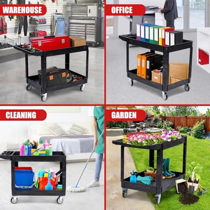 Heavy Duty Rolling Utility Cart, 2 Tier Service Cart with Wheels, Ergonomic Storage Handle, 550 LBS Capacity, Plastic Tool Cart Detailing Cart for Warehouse, Garage, Workshop,Kitchen, 40.5x17.7 in