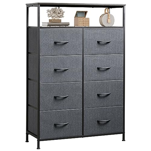 WLIVE Fabric Dresser for Bedroom with Open Shelves, Tall Dresser with 8 Drawers, Storage Tower with Fabric Bins, Chest of Drawers for Closet, Living Room, Hallway, Charcoal Gray - color: Dark Grey, style: Raised Shelves