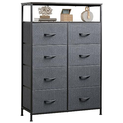 WLIVE Fabric Dresser for Bedroom with Open Shelves, Tall Dresser with 8 Drawers, Storage Tower with Fabric Bins, Chest of Drawers for Closet, Living Room, Hallway, Charcoal Gray - color: Dark Grey, style: Raised Shelves