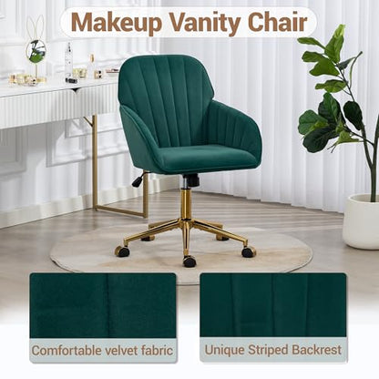 Velvet Make Up Vanity Chair with Wheels and Gold Base 330 Lbs - Green | Home office Chair, Study Chair, Teacher Chair, Cute Chair, Height Adjustable Swivel Desk Chair, for Living Room Study Room - color: Green