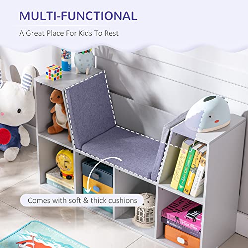 HOMCOM 6-Cubby Kids Bookcase with Reading Nook and Cushion, Multi-Purpose Storage Organizer for Bedroom, Living Room, Grey - color: Grey