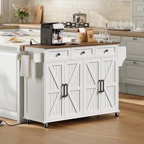 RALGEND Kitchen Island with Drop Leaf & Power Outlet, Rolling Kitchen Island Cart On Wheels, Barn Door Kitchen Island Table with Storage and Tower Rack, Island Table for Kitchen, White and Walnut - color: White + Walnut