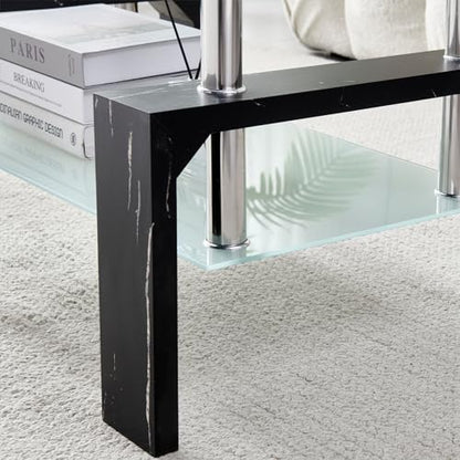 Living Room Rectangle Coffee Table, Tea Table Suitable for Waiting Room, Modern Side Coffee Table with Wooden Leg, Glass Tabletop with Lower Shelf, Black Marble Leg. - color: Black Leg