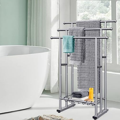 Kayfia 40'' Freestanding 3 Tier Alloy Steel Towel Rack with Storage Basket | Dual-Use Drying & Display Rack, Holds Oversized Bath Towels & Blankets, Fits Bathroom, Tub, Shower, Poolside, Silver - color: Grey