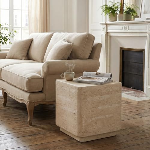 Christopher Knight Home Zax Lightweight MGO Outdoor Side Table, Square Accent Table with Stone-Like Texture, Weather Resistant Small End Table for Indoor/Outdoor Usage, No Assembly, Beige Travertine
