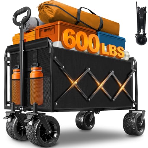 Extra-Large Heavy-Duty Wagons carts Foldable with 600-lbs Capacity & Giant 4" All-Terrain Tank Wheels – Ideal for Beach, Camping, Grocery Hauling and Outdoor Adventures - size: 600LBS
