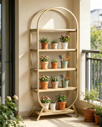Bookshelf Arched Bookcase, Industrial 5 Tier Open Book Shelves with Metal Frame, 72" Tall Freestanding Display Rack for Home Office, Living Room,Nature Wood and Gold - color: Nature Wood & Gold, size: 5 Tier Arched