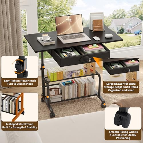 Adjustable Height Small Computer Desk with Drawers, Portable Rolling Desk for Seated Use, 32" Laptop Desk for Home Office Bedroom Living Room, Black