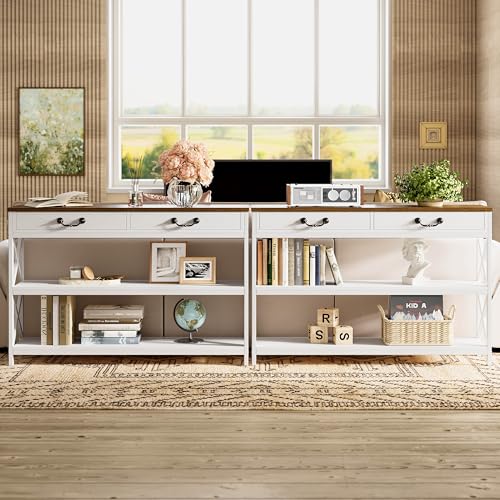 IRONCK 47.2" Farmhouse Console Table, Sofa Table with Drawer, Narrow Long Entry Table with 2 Shelf for Entryway, Living Room, Hallway, White/Walnut - size: 47.2inch