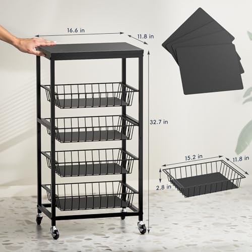 Snack Cart, 5-Tier Kitchen Carts on Wheels with Storage,Fruit Basket Stand with Pull-Out Baskets and Wood Top,Kitchen Organizer for Fruit Vegetable Snack (Black) - color: Black