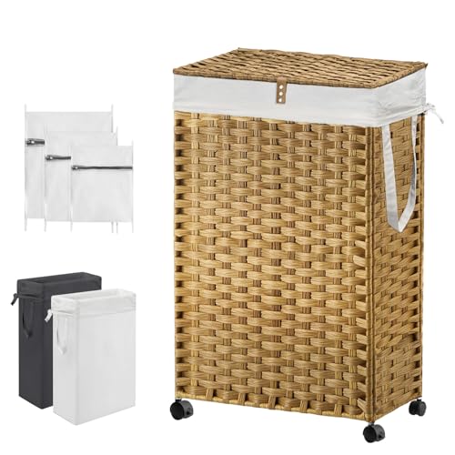 88L Slim Laundry Hamper with Wheels, 23.3 Gallon Rolling Laundry Basket with Lid, Tall and Narrow Laundry Hamper with 2 Removable Liner & 3 Mesh Bags, Laundry Sorter for Bathroom, Natural - color: Natural