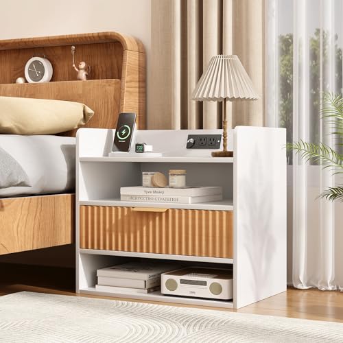 ZIFTY Fluted Nightstand with Charging Station, White Bedside Table with Drawer and Storage Shelves Modern End Table Side Table for Bedroom Living Room, Night Stand Bedroom Furniture Apartment Decor