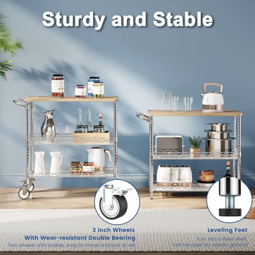 Rolling Kitchen Carts with Wheels, 3-Tier Utility Cart with Wood Tabletop | NSF Commercial Metal Serving Cart with Handle and Shelf Liner for Kitchen Snacks, 34"D x 17.5"W x 32.5"H,Chrome - color: Wood-chrome