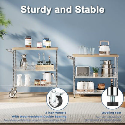 Rolling Kitchen Carts with Wheels, 3-Tier Utility Cart with Wood Tabletop | NSF Commercial Metal Serving Cart with Handle and Shelf Liner for Kitchen Snacks, 34"D x 17.5"W x 32.5"H,Chrome - color: Wood-chrome