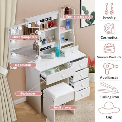 Makeup Vanity with Sliding Mirror and LED Lights, 3 Adjustable Modes Vanity Desk with 6 Storage Drawers & 3 Open Shelves, Dressing Table with Stool with Bedroom, White - size: Small-32'' Wide