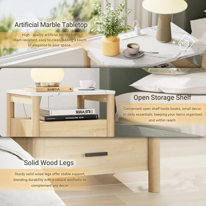 Night Stand, 20" Wide Nightstand, Modern Large Nightstand with Charging Station & Faux Marble Top, 2 Drawer End Table with Solid Round Post Legs, Bedside Table for Bedroom, Natural Oak - color: Natural Oak + Faux Marble Top, size: 20''W x 15.7'D x 24''H (