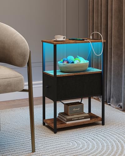 TUTOTAK Small Narrow LED End Table with Charging Station, Side Table Outlets, Nightstand with Cloth Drawer, Set of 2, Couch Table, for Living Room, Bedroom, Bedside, Brown and Black TB01BB059K - color: Brown and Black, style: 1 Drawer with Plug & Light