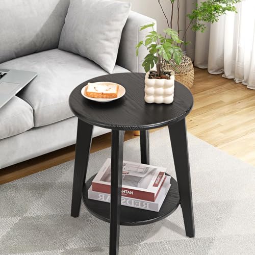Side End Table Round Black Beside Table Sofa Table Nightstand Modern End Table 2-Tier Small Accent Tables Great for Small Spaces Living Room Bedroom - color: Black
