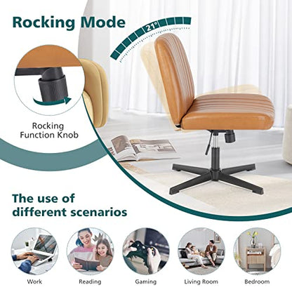 OLIXIS Criss Cross Office Chair, Vanity Chair, Home Office Desk | Wide Seat, Height Adjustable, PU Leather Padded, Armless No Wheels, Bedroom, Study Room, Brown Dual Base - color: Brown Dual Base