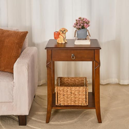27.6" High End Table with Drawer and Storage Shelf, Solid Wood Side Table, Traditional Sofa BesideTables, Narrow Telephone Tables for Living Room,Small Space No-Tools Assembly, Cherry Brown GBJDR200 - color: Cherry Brown