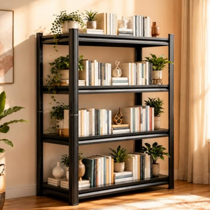 4-Tier Metal Bookshelf, 45.5" W Industrial Tall Display Bookcase, 1200LBS Modern Black Book Shelf, Adjustable Bolt-Free Storage Shelves for Living Room, Bedroom, Kitchen, 63" H - size: 4-Tier 45.5"W x16"D x63"H