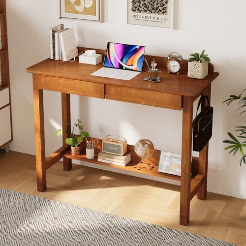 Solid Wood Desk with Drawers, 39 x 16 Inch Narrow Desk with 2 Drawers, Bookshelf & 2 Hooks, Writing & Computer Desk for Small Spaces, Mid Century Modern Desk - Walnut - color: Walnut, size: 39.4 in W x 15.7 in D