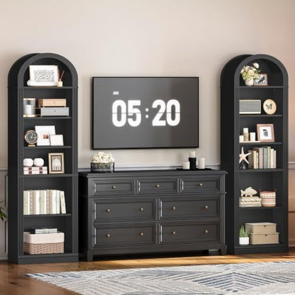 RALGEND Arched Bookshelf, 75.8" Tall Narrow Bookshelf, Arch Bookcase with Storage, 6-Tier Farmhouse Book Shelf, Wooden Arched Cabinet with Open Display Shelves, Adjustable Shelf, Black - color: Black, size: 18.9"L x 11.8"W x 75.8"H