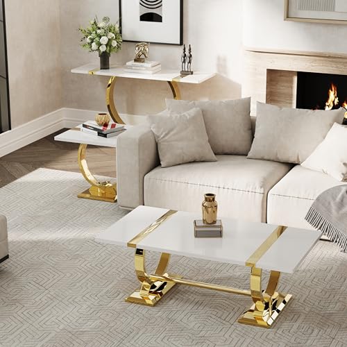 Asday 2026 Gold End Table Set of 2, 23" Modern Luxury Sofa Side Table with Polished Metal U-Base, Square White and Gold End Table for Living Room, Sofa Couch, Bedroom, Office - color: White and Gold, size: Set of 2