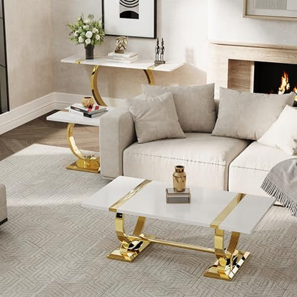 Asday 2026 Gold End Table Set of 2, 23" Modern Luxury Sofa Side Table with Polished Metal U-Base, Square White and Gold End Table for Living Room, Sofa Couch, Bedroom, Office - color: White and Gold, size: Set of 2