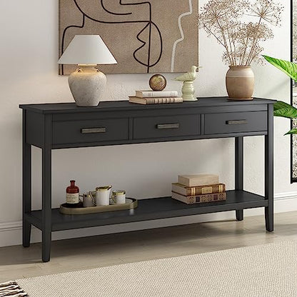 Merax Entryway Console Table with Storage, 3 Drawers Design/Wood Frame/Behind Couch & Sofa, Black - color: Black