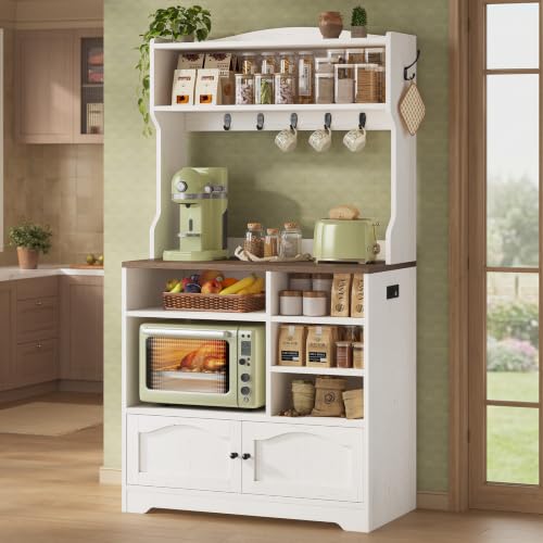Bakers Rack with Storage and Power Outlet, 31.5 inch Farmhouse Coffee Bar Cabinet, Microwave Stand with Storage Cabinet, 7 Hooks and Curved Design for Kitchen, Coffee Bar, Walnut, White - size: 31.5 in Countertop