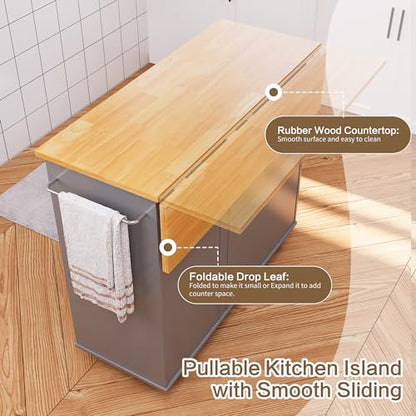 SUNLEI Kitchen Island on Wheels with Storage Cabinet & Foldable Drop Leaf, Rolling Kitchen Table, Cart Handle for Towel Rack, Drop Leaf, Portable Islands for Kitchen (Cement Gray, 39.7-INCH) - size: 39.7 INCH, style: Grey