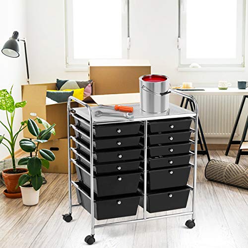 DREAMADE Rolling Cart with Storage Drawers, Utility Cart with Removable Plastic Drawers, Lockable Wheels, Art Cart for Classroom Organization Art Supplies Office Scrapbook (12 Drawers, Black) - color: Black, style: 12 Drawers