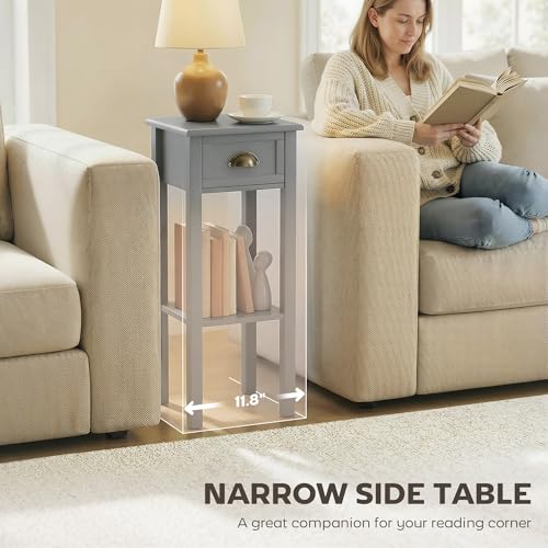 HOMCOM Narrow End Table with Drawer Slim Side Table for Small Spaces Gray | Tall Telephone Table, Skinny Modern Design, for Small Spaces, Living Room - color: Grey