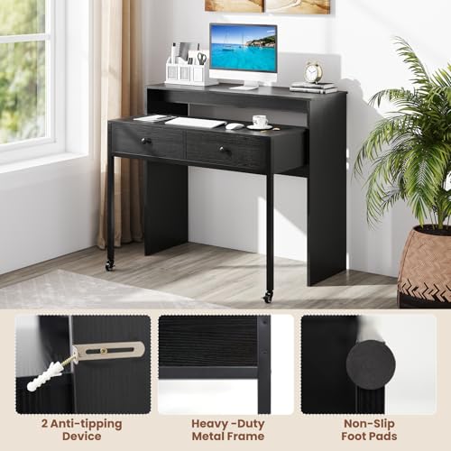 Giantex Small Computer Desk with Hutch & Drawers, Extendable Writing Desk w/Pull Out Secondary Table, Monitor Stand & Rolling Wheels, Console Table, Compact Desk for Small Spaces, Home Office (Black) - color: Black