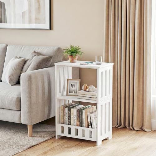 HAYOFAMY 3 Tier Side Table Night Stand White | Narrow End Table, Small Bookcase Bookshelf, Simple Bedside Table Storage Rack for Bedroom, Living Room, Office, Bathroom