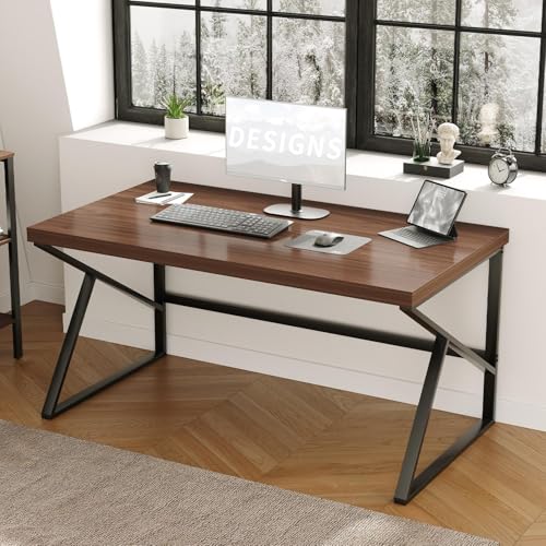 HSH Walnut Computer Desk, Industrial Modern Metal Wood Desk Workstation, Rustic Executive PC Laptop Work Desk Table for Home Office, Simple 55 Inch Writing Study Gaming Desk in Bedroom Living Room - color: Walnut, size: 55 Inch