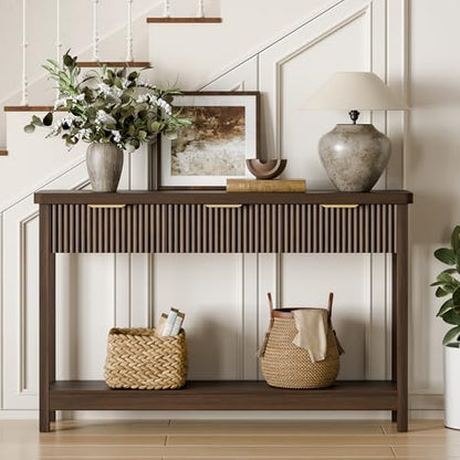 Fluted Console Table, 51 Inch Entryway Table with 3 Drawers | Scandi farmhouse look with quiet full-extension slides, open lower shelf, profile for hallway, entry, foyer or behind sofa. - color: Walnut