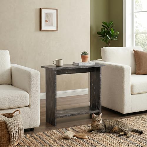 Narrow Side Table for Living Room, Slim End Table for Small Spaces Between Couch, Recliner or Armchair, 2 Tier Skinny Table with Open Shelf, Engineered Wood Sofa Beverage Thin Stand (Black Marble) - color: Black Marble