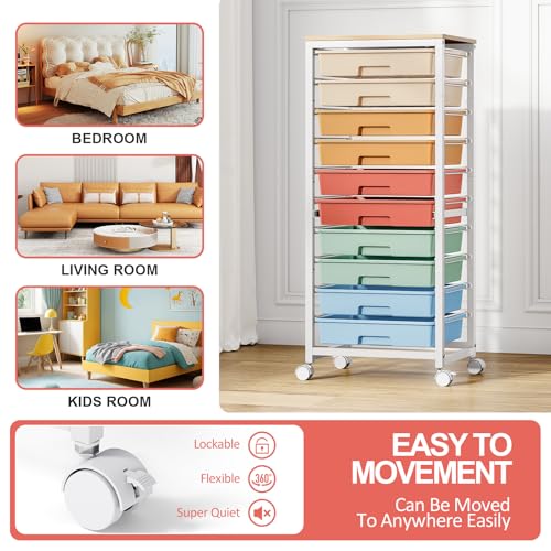 SYKIARIOL Rolling Cart with Drawers,10 Drawer Rolling Cart,Storage Cart with Wheels,Utility Cart with Drawers,Teacher Cart for Classroom Storage,Craft Cart with Wheels and Wooden Tabletop,Rainbow - color: rainbow