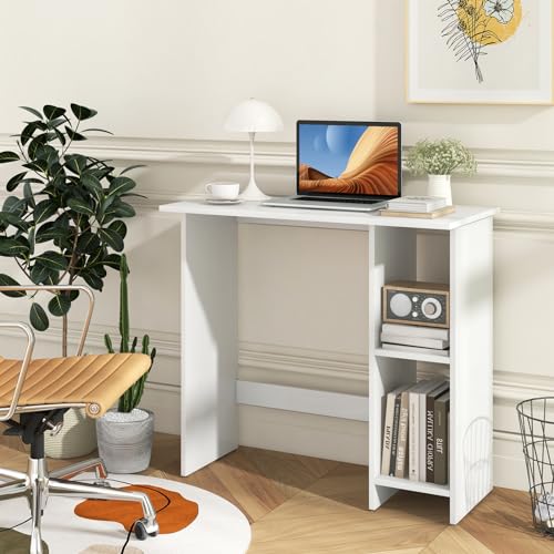 Giantex Small White Desk, Compact Study Writing Desk with 3-Position Adjustable Shelf, Anti-Toppling Kit, Modern PC Laptop Table, Home Office Computer Workstation for Small Space Bedroom Dorm - color: White